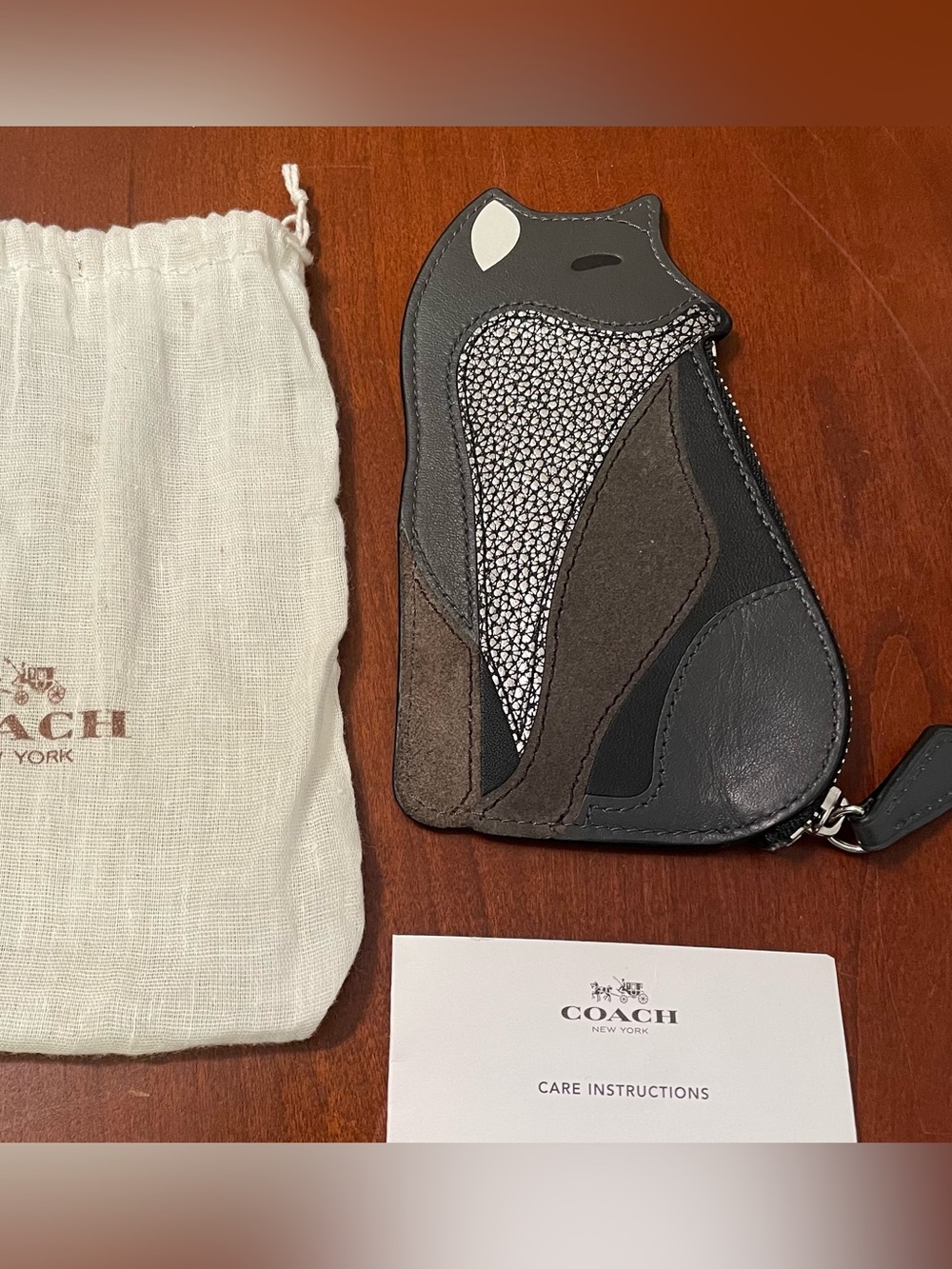 NWT COACH FOX LEATHER & SUEDE COIN CARD CASE Wallet Pouch Purse Bag Zipper Foxes